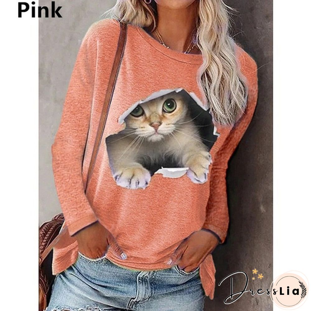 XS-5XL Plus Size Fashion Women Spring and Autumn Casual T-shirts Long Sleeve Hoodies Cute Cat Print Pullover Tops Round Neck Tops