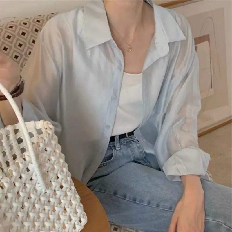 Brownm Brownm Sense Behind The Fork Long-Sleeved Shirt Women Loose Solid Color Wear Sunscreen Summer New Women