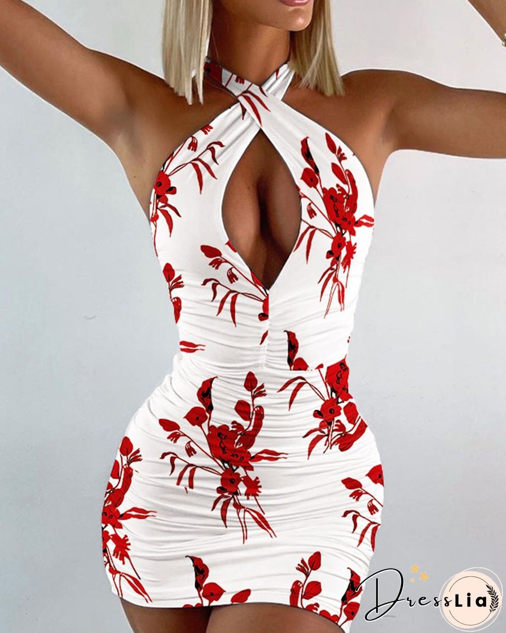 Halter Floral Print Cut-Out Ruched Bodycon Mini Dress