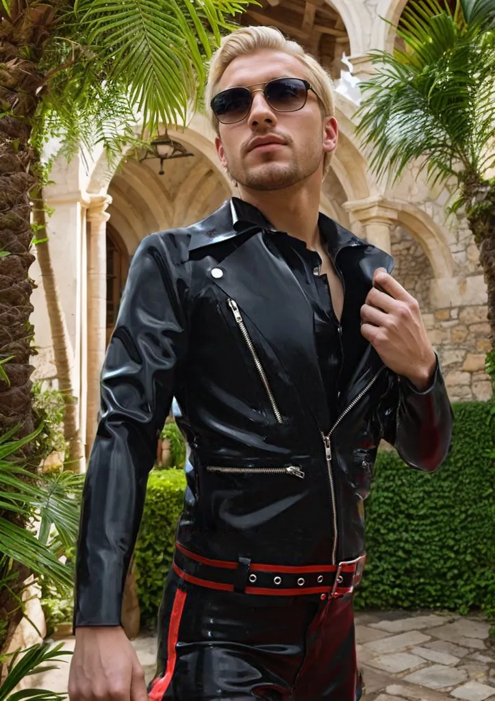 Men Latex Jacket Zippered Biker Red Trim