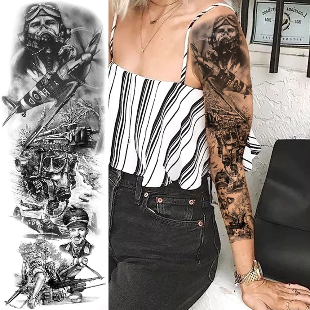 Black Military Maori Totem Temporary Sleeve Tattoos For Men Realistic Fake Full Arm3D Dragon Skull Wolf Lion Robot Tatoos Paste