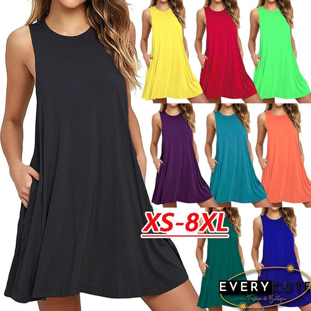 Plus Size XS-8XL Summer Women Casual Round Neck Solid Color Loose Sleeveless Beach Tank Top A-line Pocket Dress Sexy Short Club Party Mini Halter Midi Dresses Robe Ete Femme Knee Length Pleated Skirts Ladies Fashion Swing Cotton T-Shirt Dress