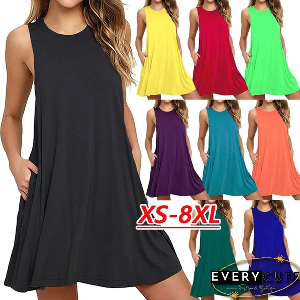 Plus Size XS-8XL Summer Women Casual Round Neck Solid Color Loose Sleeveless Beach Tank Top A-line Pocket Dress Sexy Short Club Party Mini Halter Midi Dresses Robe Ete Femme Knee Length Pleated Skirts Ladies Fashion Swing Cotton T-Shirt Dress
