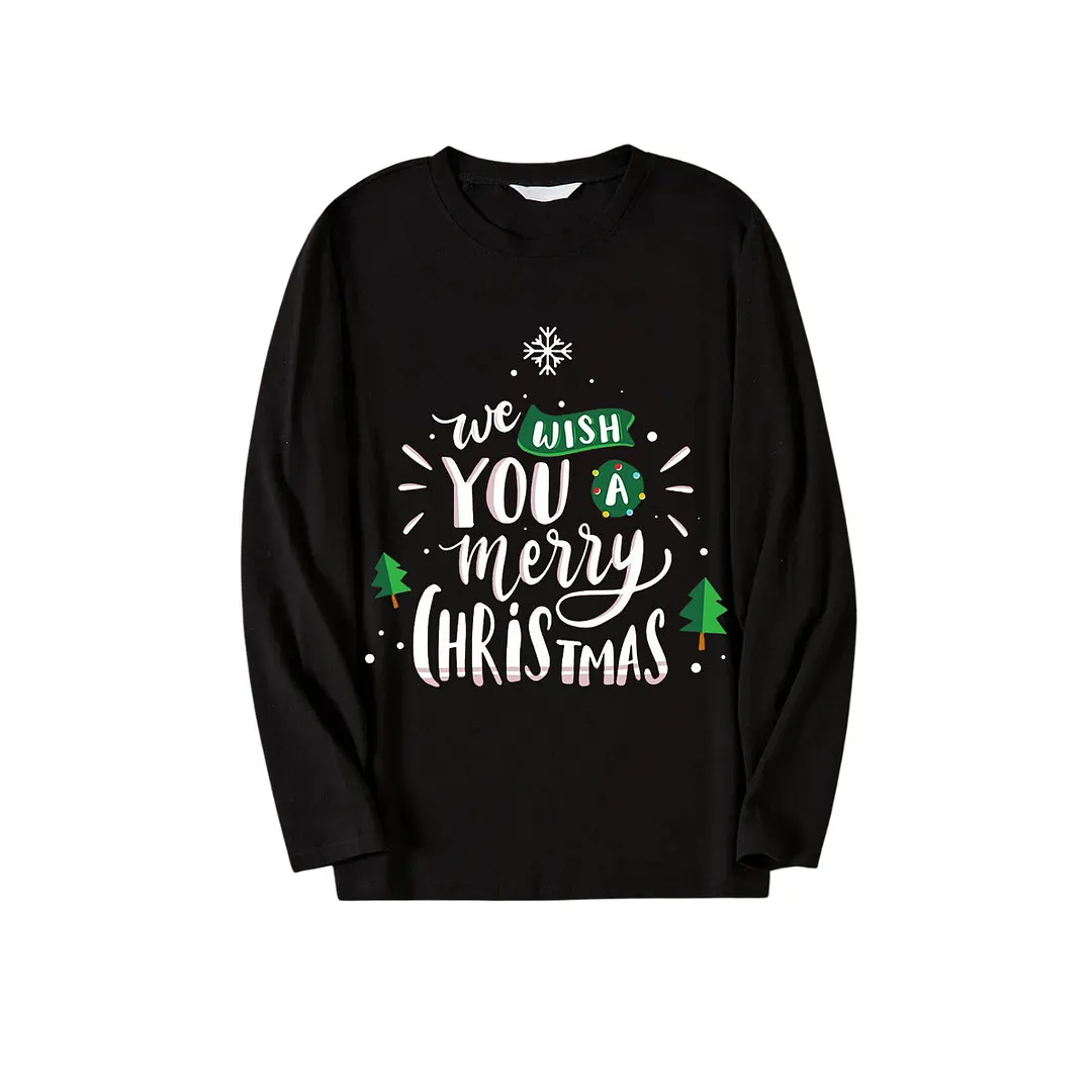 "We Wish You a Merry Christmas" With Pine Trees Pattern - Black Top with Red & Green Plaid Pants Family Matching Pajama