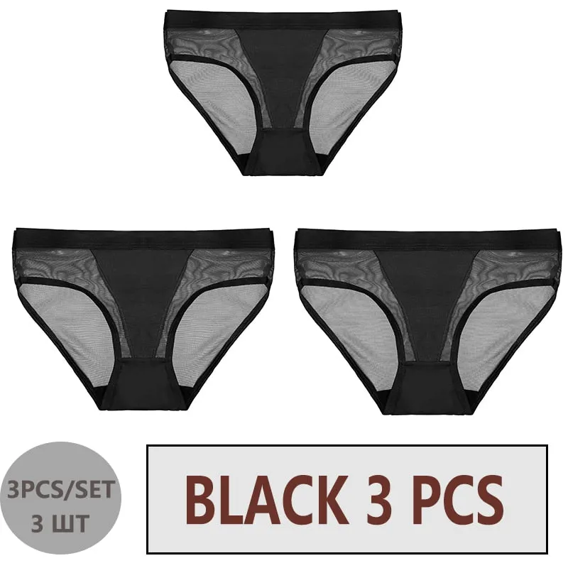 FINETOO 3PCS/Set Women Panties Sexy Mesh Lingerie Breathable Female Underwear For Woman Low-Rise Underpant Woman Panties Briefs