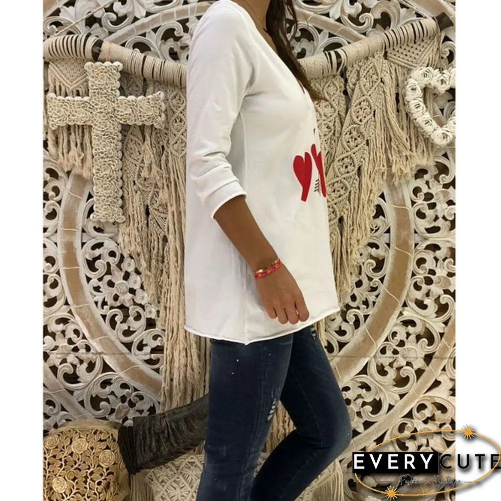 3 Color Women's Fashion Heart Print Long Sleeve V-neck T-Shirts Cotton Tee Cute Female Blouse Casual Tops XS-8XL