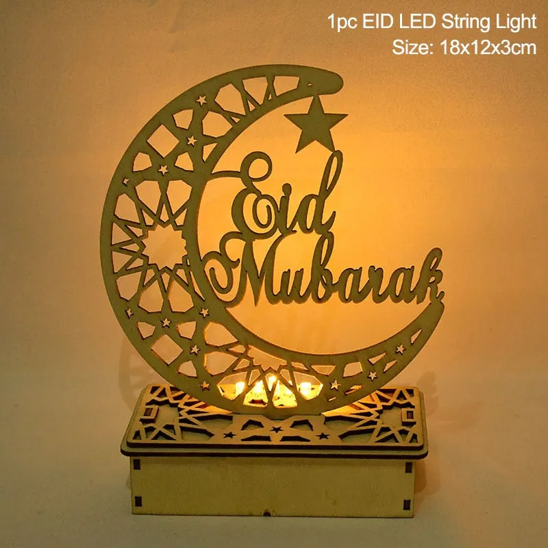 LED Eid Mubarak Wooden DIY Craft Ornament Pendant Islam Muslim Party Home Decoration Al Adha Ramadan Kareem Event Party Supplies