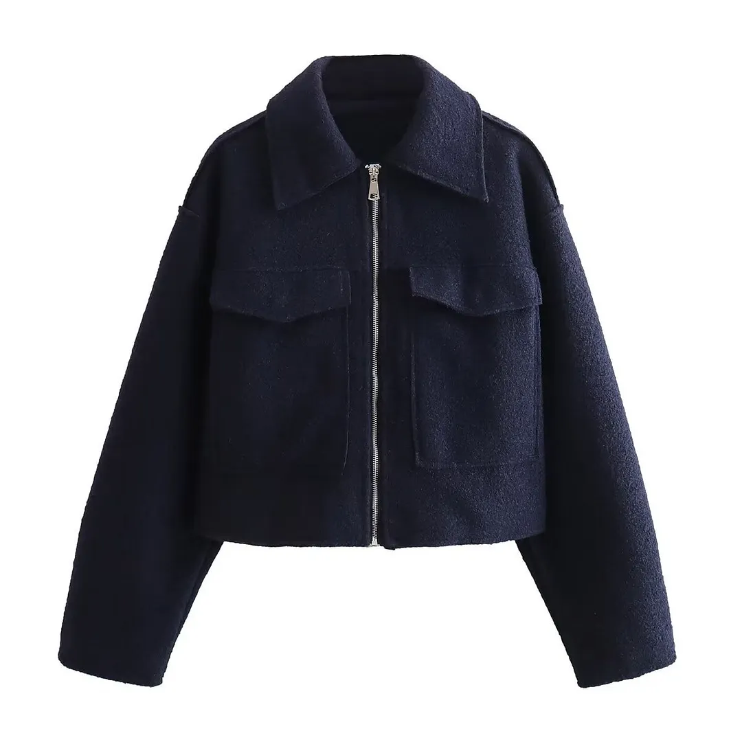 Nigikala Nigikala Spring/Autumn Festival New Women's Collar Large Pocket Zipper Short Long-Sleeved Jacket B88684