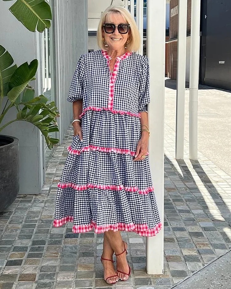 Plus Size Seven Sleeve Plaid Boho Beach Tunic Dresses