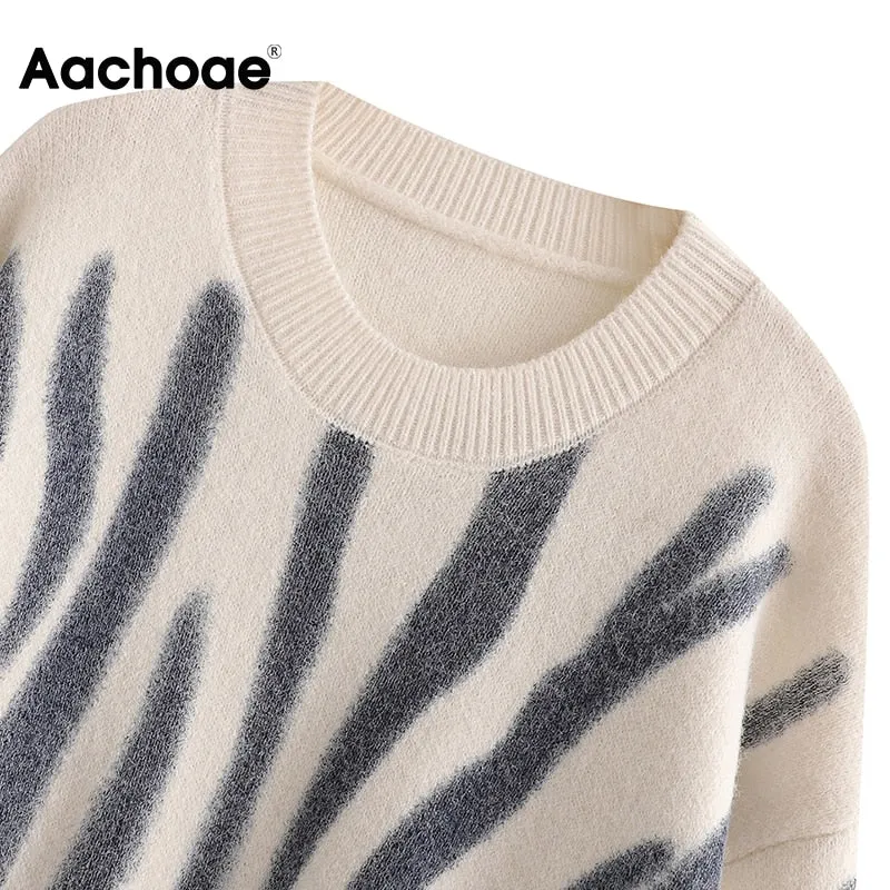 Aachoae Autumn 2021 Women Basic O Neck Printed Sweater Vintage Batwing Long Sleeve Jumper Tops Female Casual Loose Sweaters