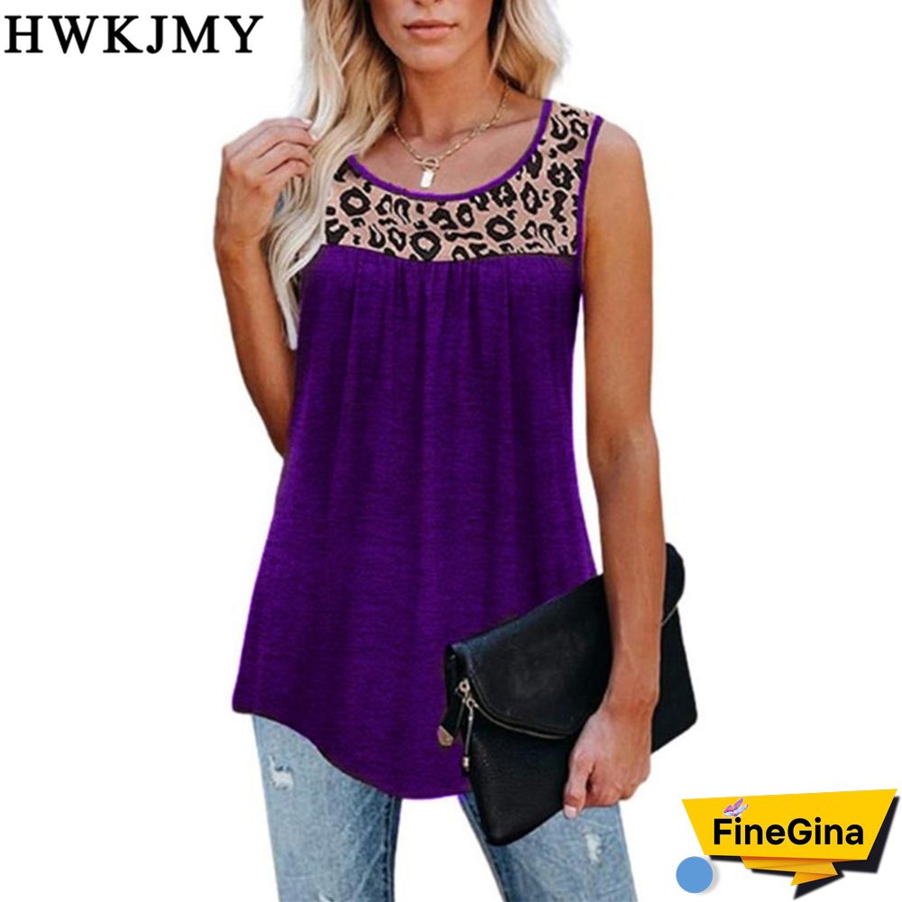 Summer Womens Fashion Casual O Neck Sleeveless Tops Leopard Printed Patchwork Camisole Loose Pleated Tank Tops Ladies Blouses