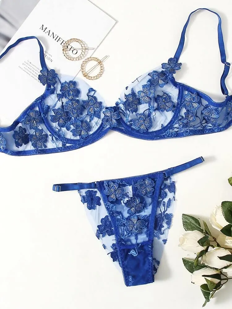Yimunancy 2-piece Floral Bra Set, Female Transparent Bra + Panties, Sexy Underwear, Underwear Set