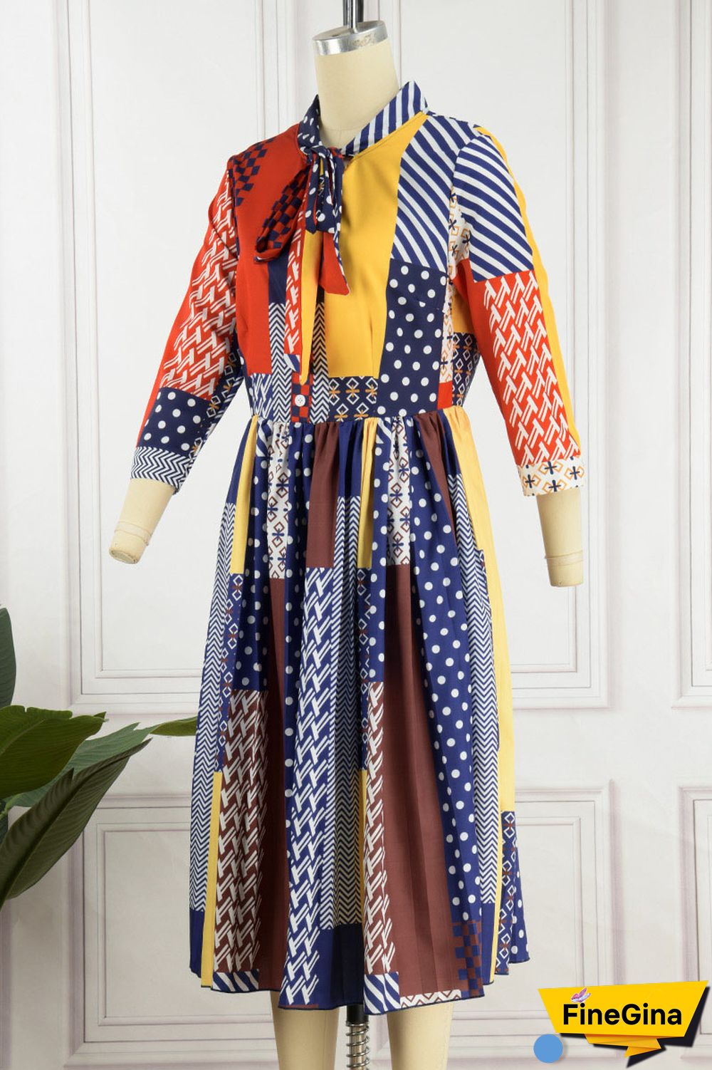 Blue Casual Elegant Print Patchwork Fold Ribbon Collar Straight Dresses