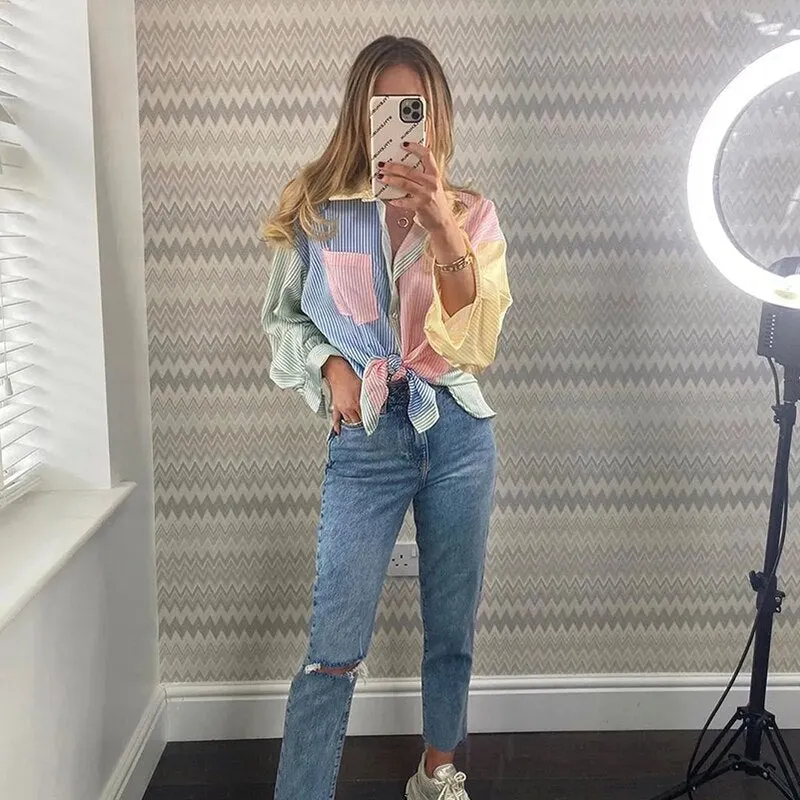 Stylish Chic Contrast Color Striped Pacthwork Loose Blouse Women 2021 Fashion Lapel Collar Pocket Shirts Girls Casual Tops