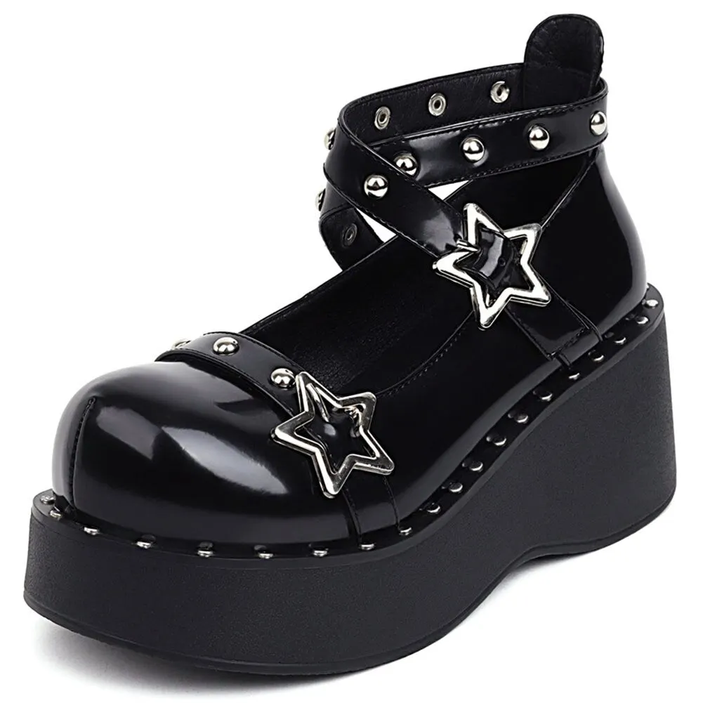2021 Lovely Gothic Style Lolita Punk Cosplay Black Comfy Walking Wings Chunky Heels Platform Shoes Women Footwear Big Size 43