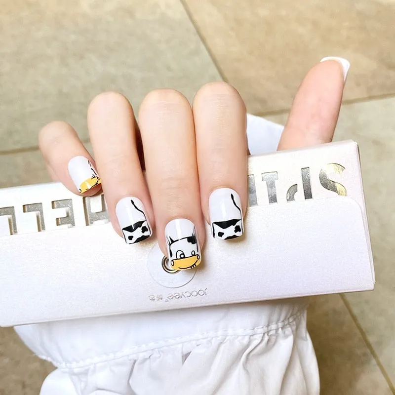 24Pcs false nails with designs cow and Blue Color cut design Fake Nail Shiny Gold Foil  artificial nails with glue for girls-Nail Inspo