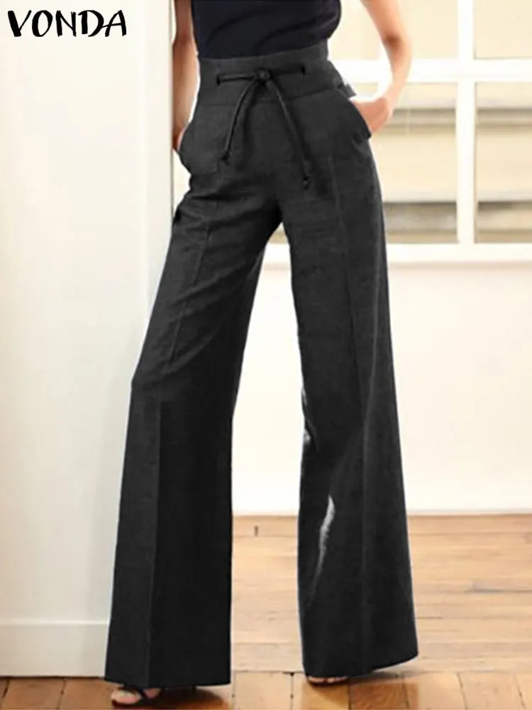 Casual Solid Color Pants 2022 VONDA Women Casual High Waist Zipper Long Trousers Wide Leg Pants Palazzo Pants Pantalon Femme