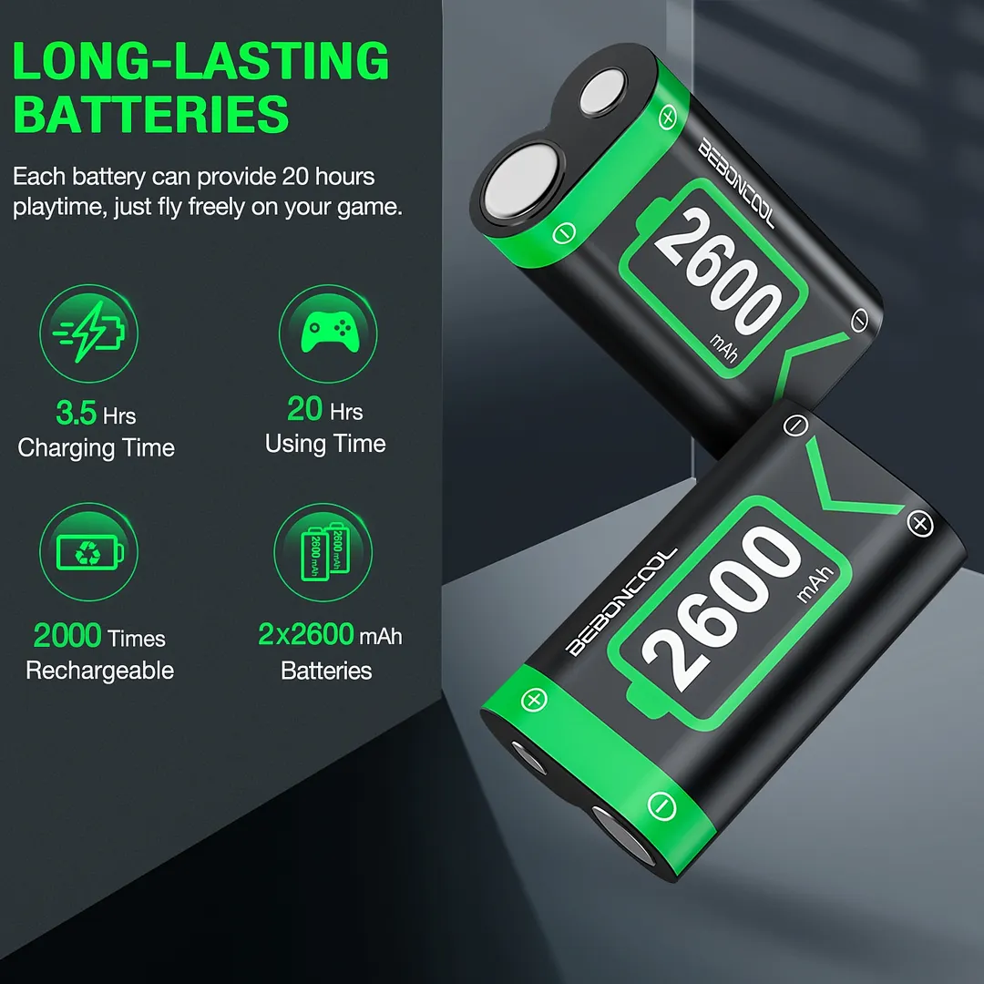 Dinofire 2 x2600mAh Rechargeable Battery Pack For Xbox Series X/S/Xbox One S/X Controlle Battery For Xbox One + USB Quick Battery Charger