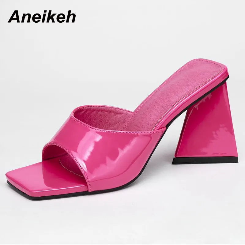 Aneikeh 2022 Summer New Fashion Concise Solid PU Shallow Mid Heel Slippers Women Lazy Slip On Beach Mules Square Open Toe 35-42