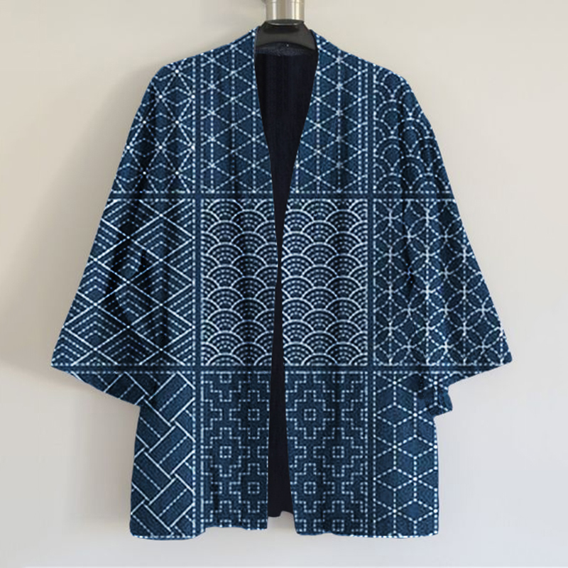 Vintage Japanese Traditional Sashiko Fan-Shaped Patchwork Art Print Linen Blend Kimono Cardigan artswardrobe
