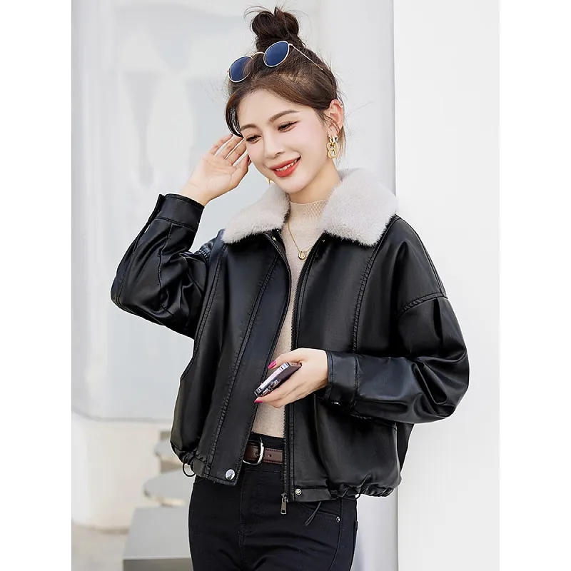 Athvotar Athvotar Fur Collar Plus Velvet Coat Women 2025 Winter New Small Loose PU Locomotive Jacket Jacket