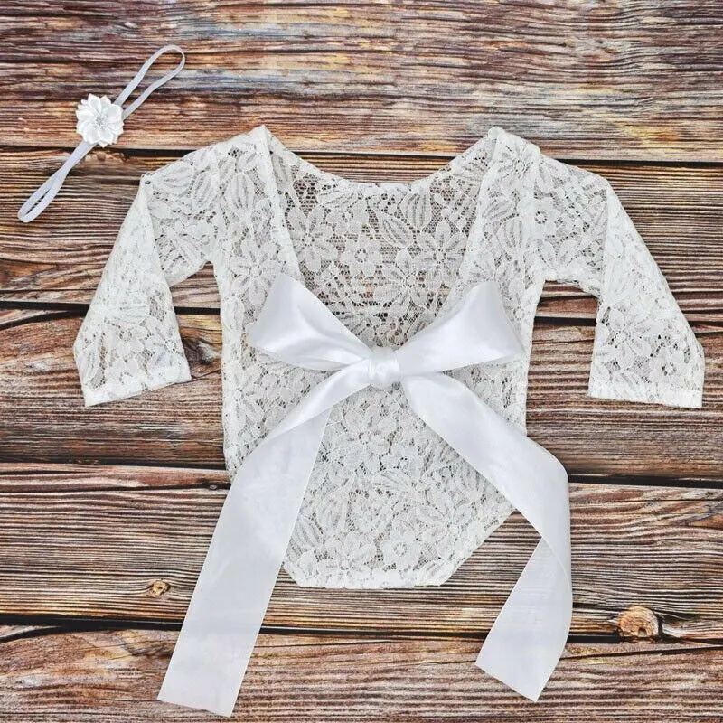2019 Baby Accessories Newborn Lace Romper Photo Clothing Bow lace Hair Band Set Photography Props Backless Bodysuits +Headband