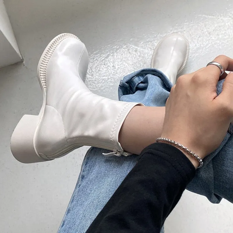 Lucyever Vintage Big Toe Chunky Heels Boots Women Pu Leather Platform Ankle Boots Ladies Elastic Zipper Autumn Winter Booties