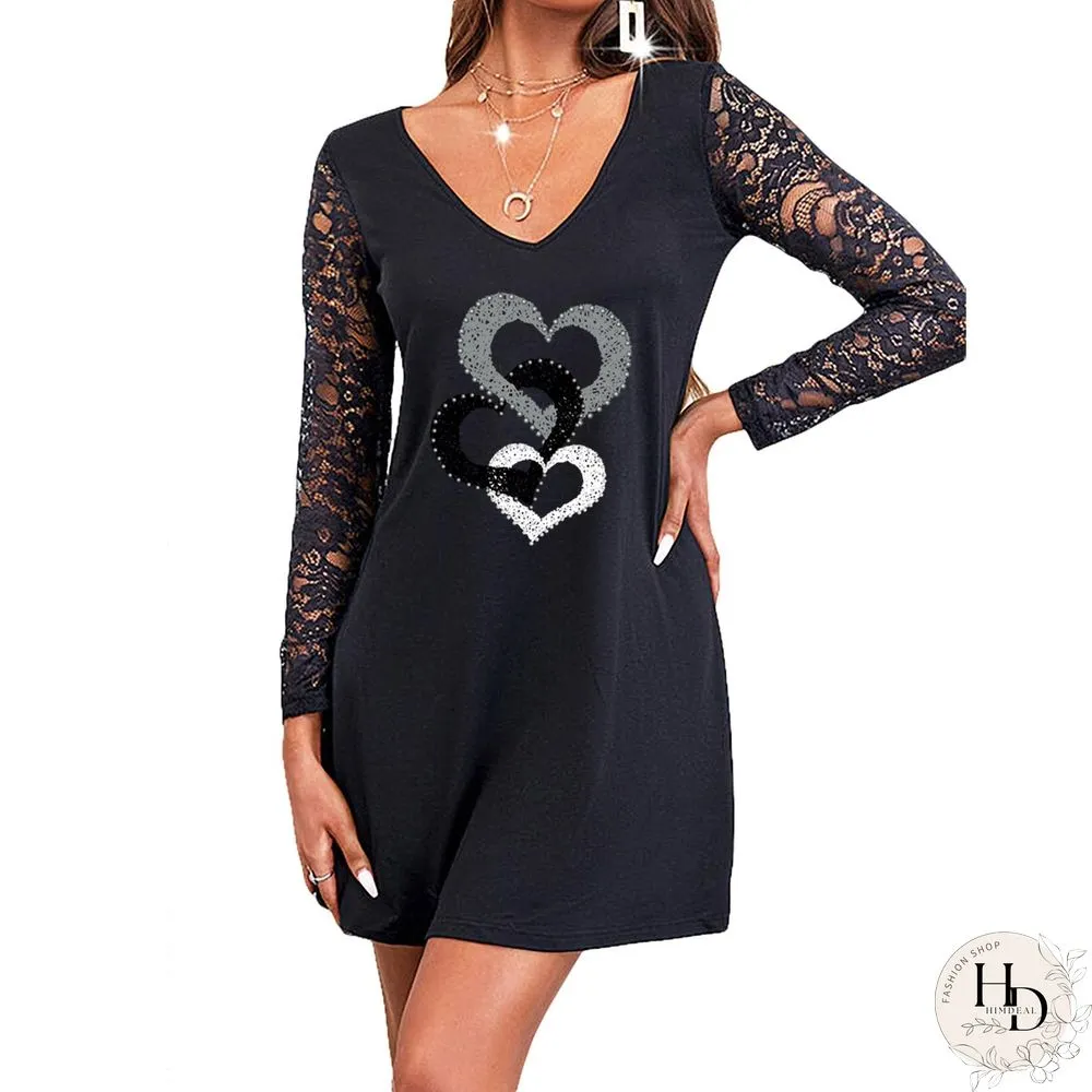 V Neck Three Heart Lace Sleeve Shift Dress