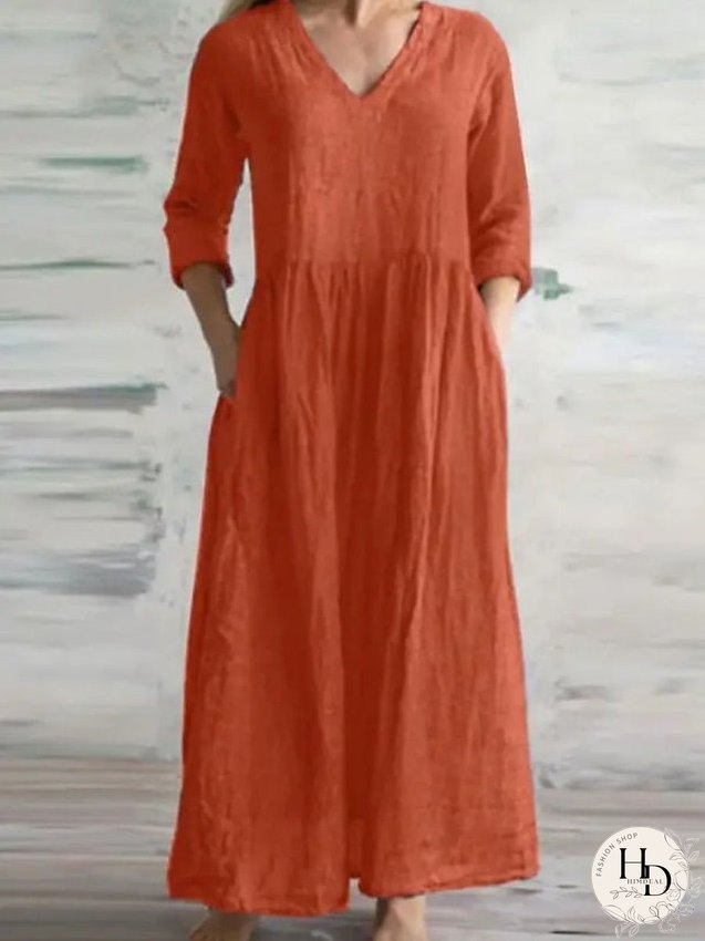 Casual Dress Cotton Linen Dress Maxi long Dress Cotton Blend Fashion Modern Outdoor Daily Vacation V Neck Ruched 3/4 Length Sleeve Summer Spring Fall Regular Fit Royal Blue Orange Green for Women