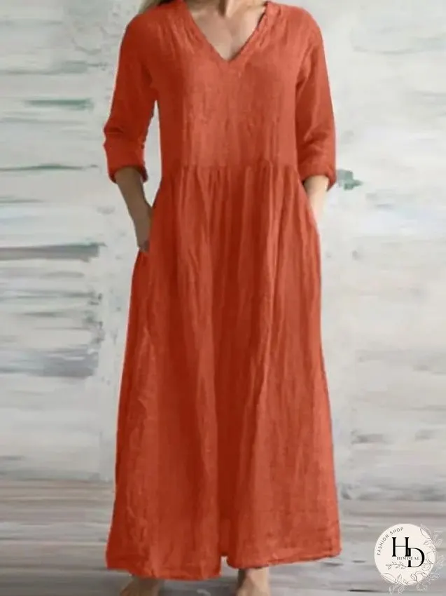 Casual Dress Cotton Linen Dress Maxi long Dress Cotton Blend Fashion Modern Outdoor Daily Vacation V Neck Ruched 3/4 Length Sleeve Summer Spring Fall Regular Fit Royal Blue Orange Green for Women