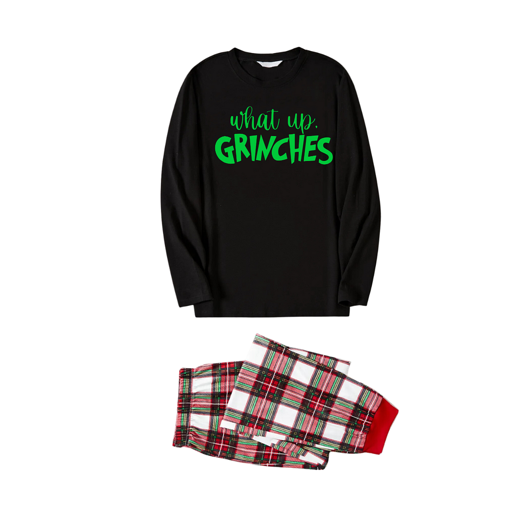 Christmas Text Print Black Long Sleeve Top with Red & White & Green Plaid Family Matching Pajamas