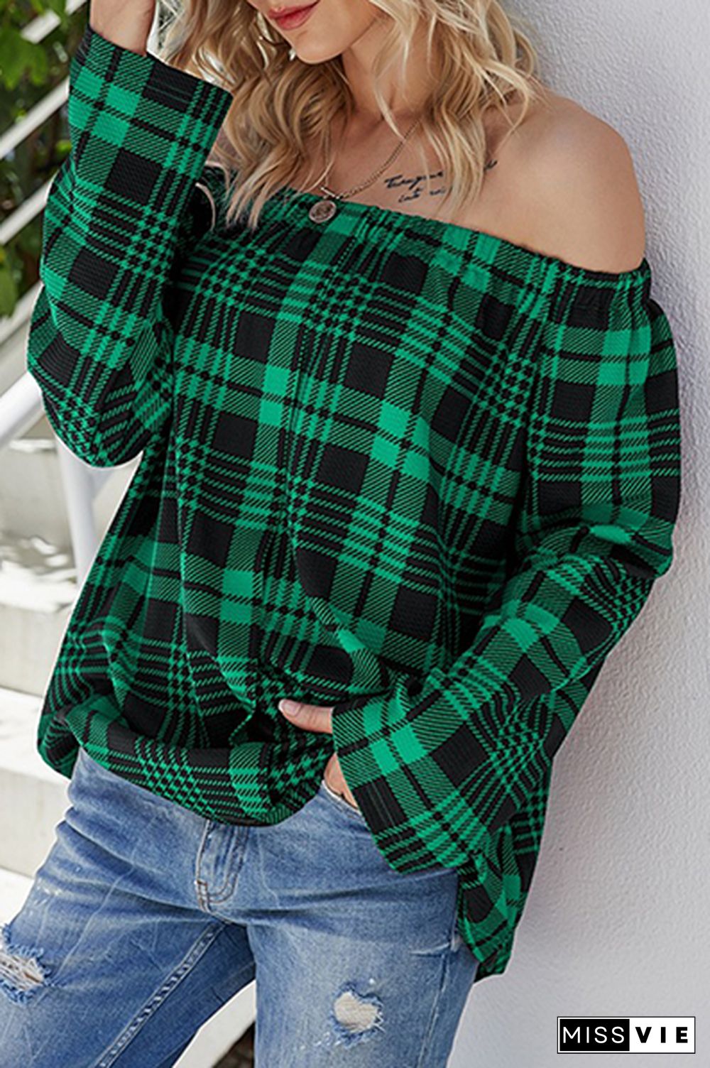 Casual Plaid Split Joint Off the Shoulder Tops