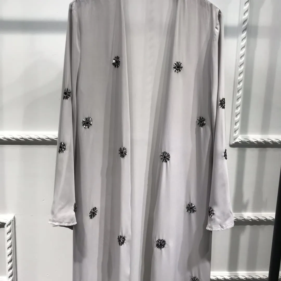 Brownm Lace Up Embroidered Beaded Cardigan Robe Dress