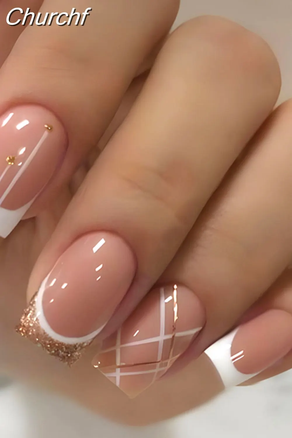 Churchf Nail Full Cover Fake Nail Pink Glitter Wearable French Short Nails Square Head False Nail Press On Nails Manicure Tool 715-1-Nail Inspo