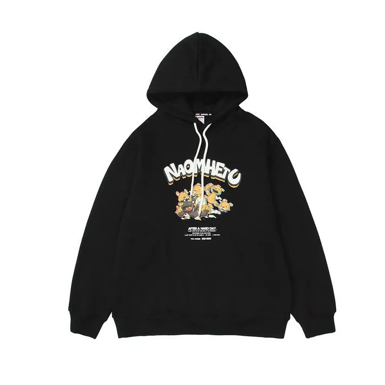 Man Fall Winter Outfis Winter Cartoon Print Velvet Padded Hooded Sweatshirt Loose All-Matching Top