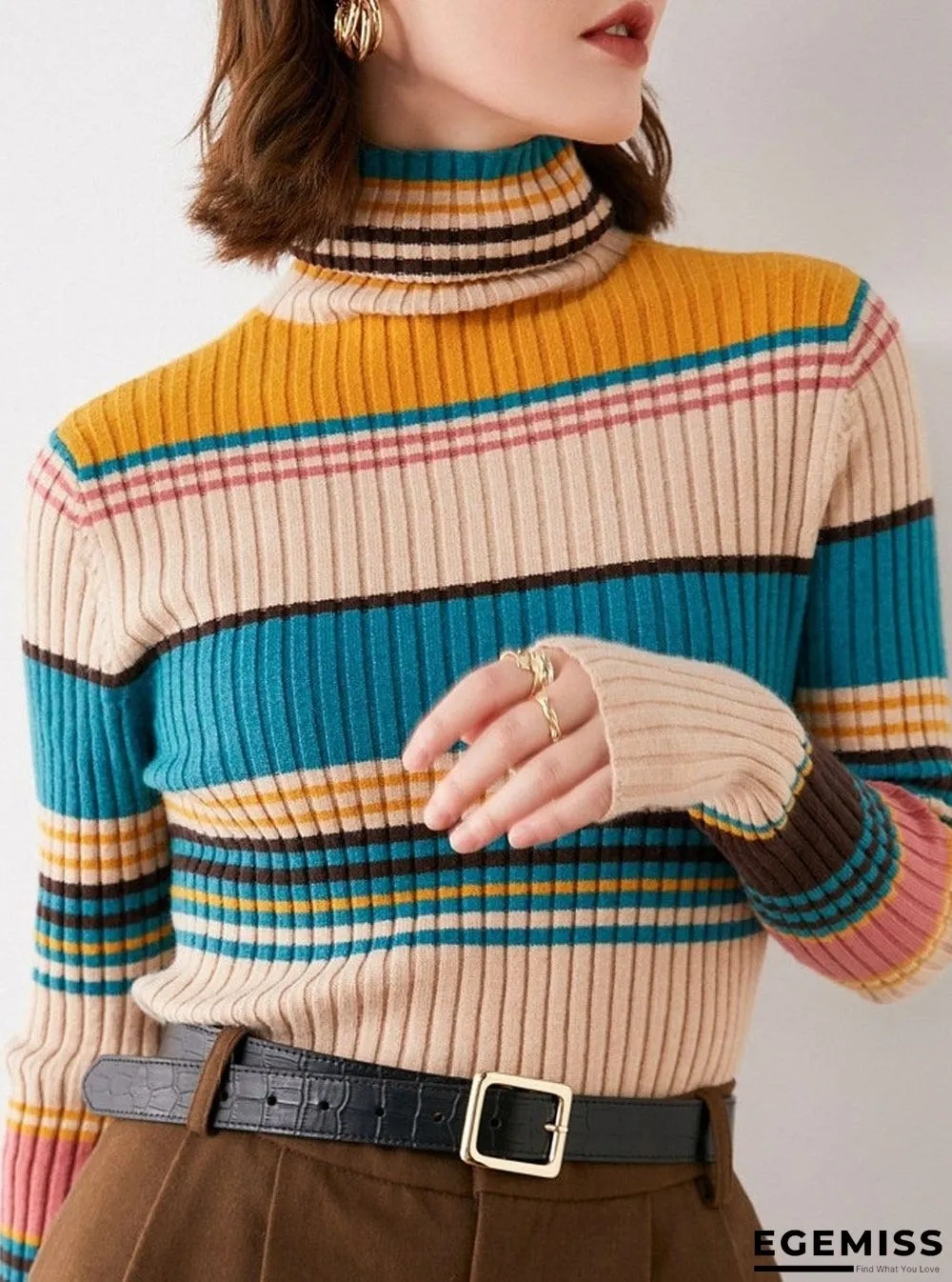 Fall/Winter Turtleneck Color Striped Slim-fit Knit Sweater | EGEMISS
