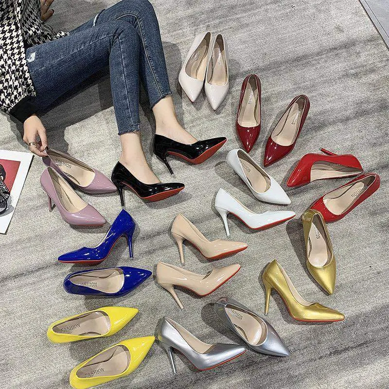 2021 New Women Yellow Blue 10cm High Heels PU Leather Female Scarpins Office Pointed Toe Tacons Pumps Shoes Plus Size