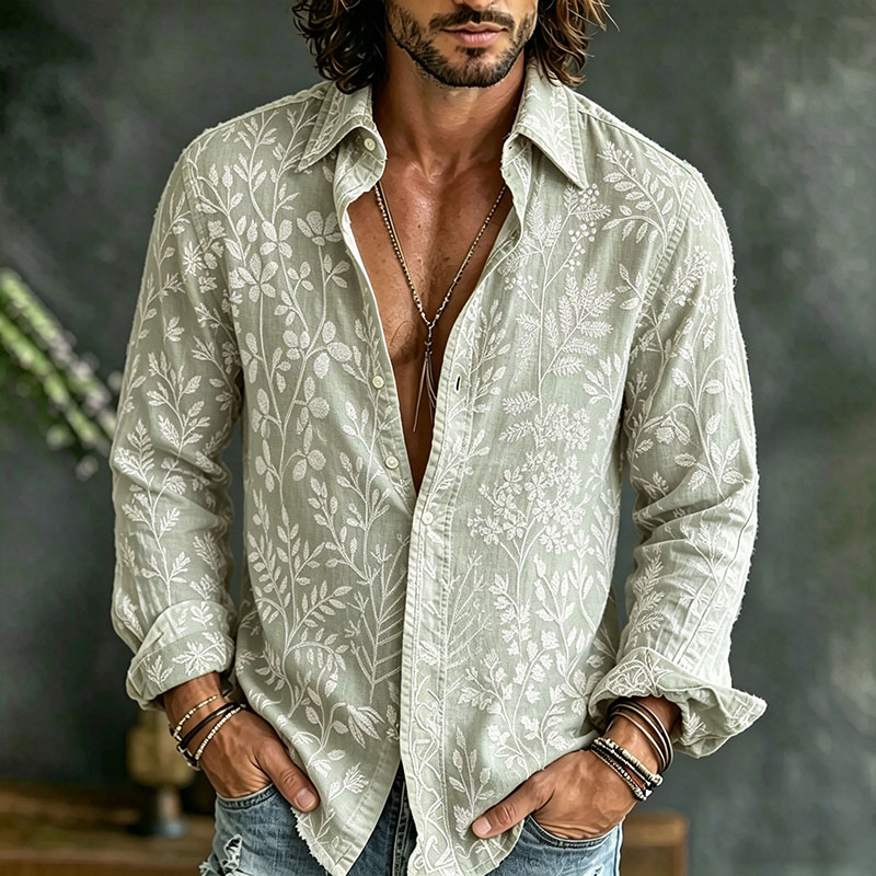 Comstylish Men's Vintage Floral Embroidered Art Print Flowy Linen Blend Casual Shirt
