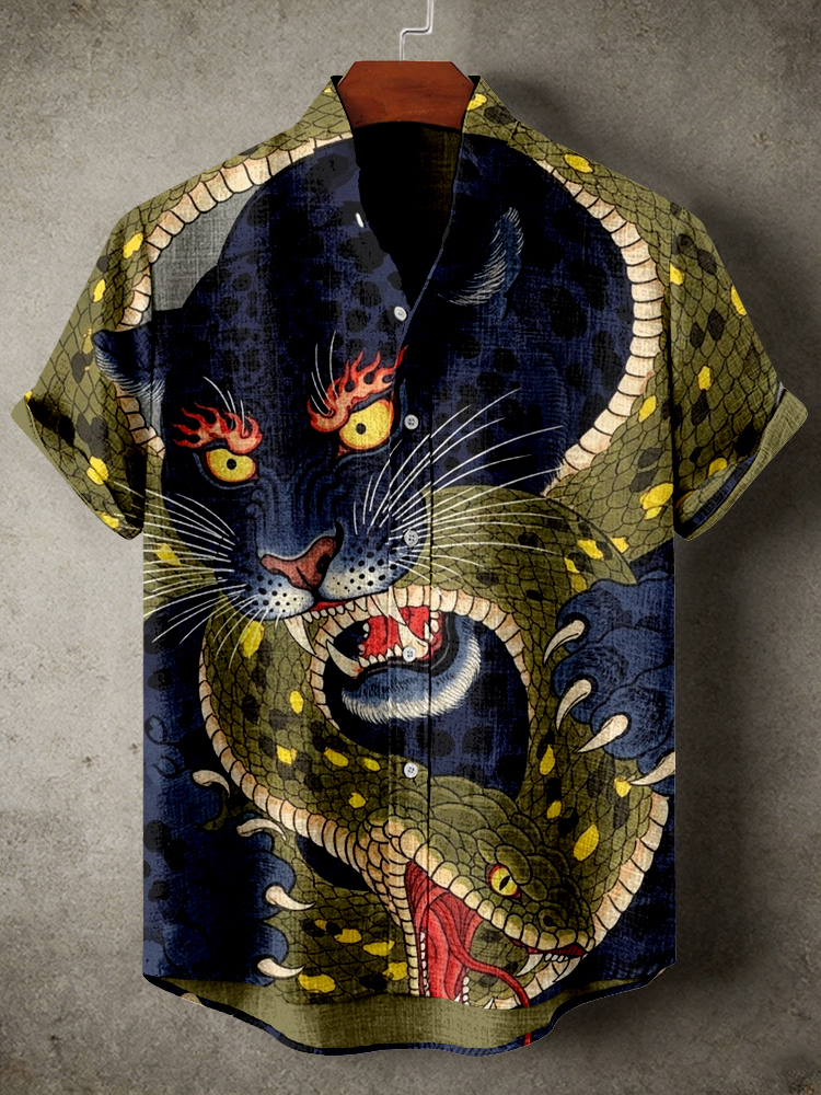 Retro Japanese Tiger & Snake Art Linen Shirt  artssus