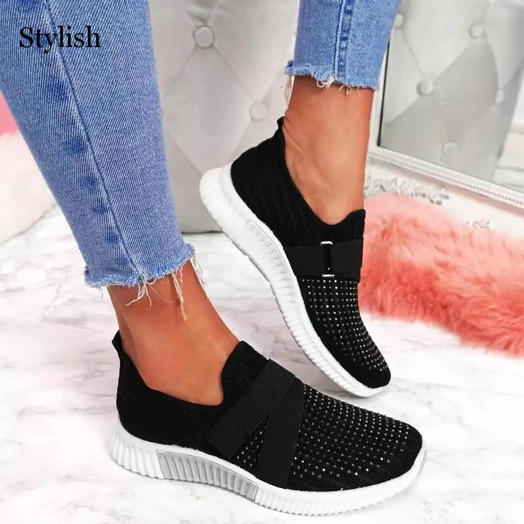 Women Casual Sneakers New Bling Rhinestone Ladies Shoes Slip On Comfortable Sole Running Walking Shoes Female Flat Mesh Shoes