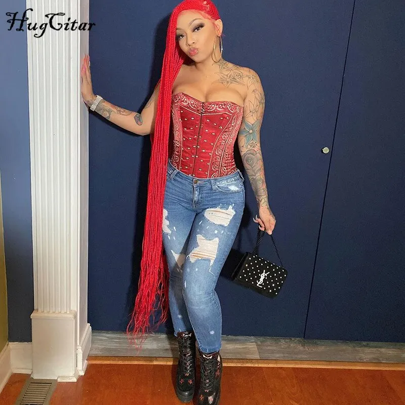 Hugcitar 2020 Vintage Print Tube Corset Autumn Winter Women Fashion Streetwear Outfits Sexy Crop Tank Tops