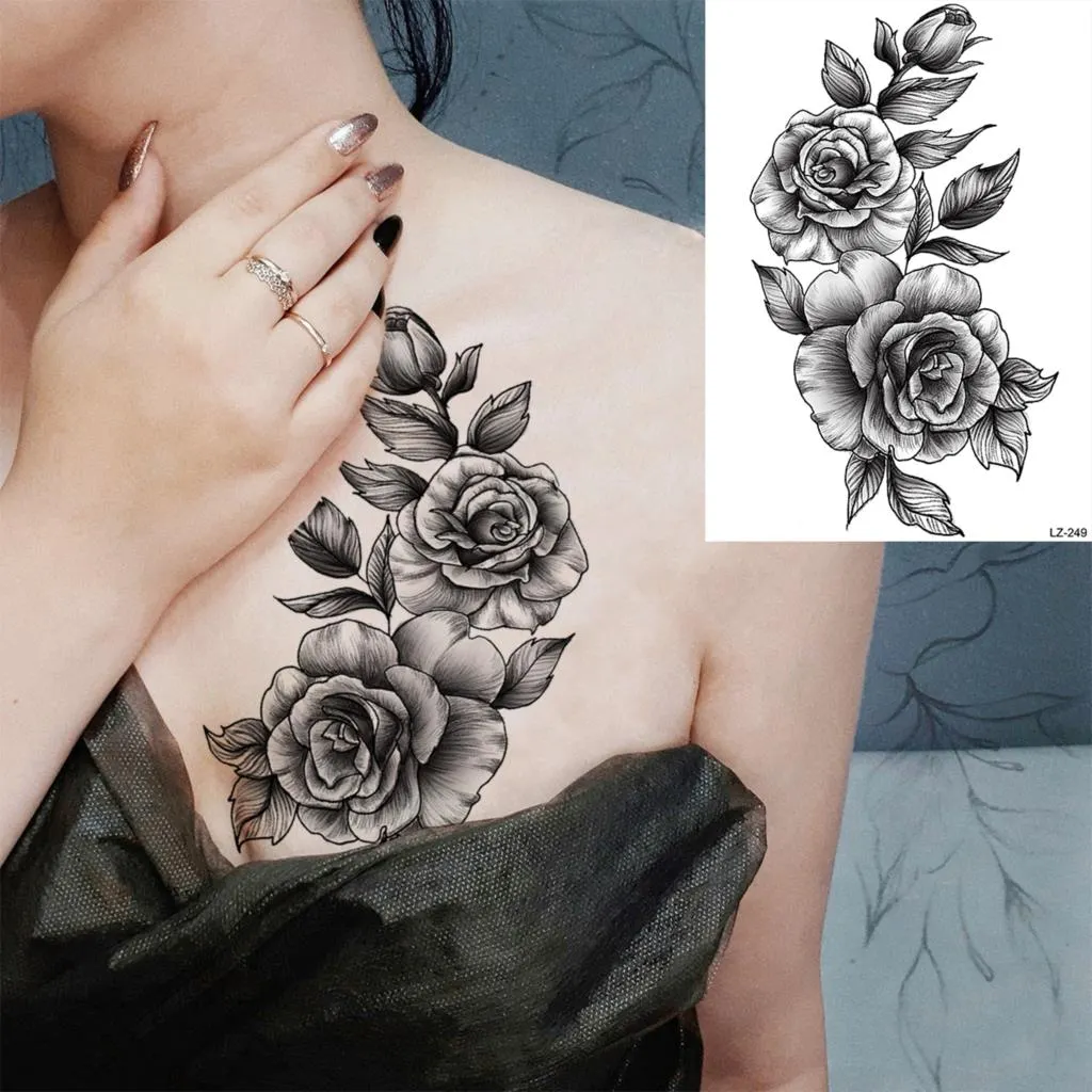 Sdrawing Halloween Skeleton Skull Vampire Temporary Tattoos For Women Adult Rose Flower Fake Tattoo Body Art Leg Arm Tatoo