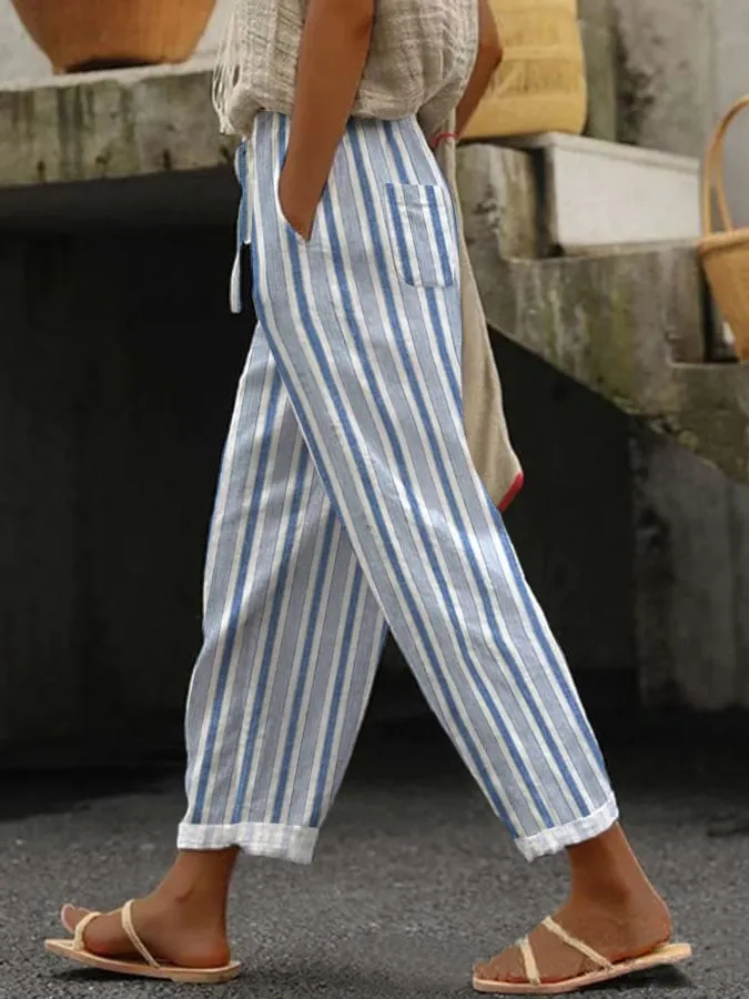 Womens Striped Design Printed Lace-Up Elastic Waist Loose Casual Pants