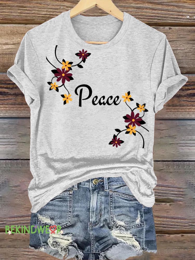 Peace Floral Print Casual Crew Neck Short Sleeve Top White / S