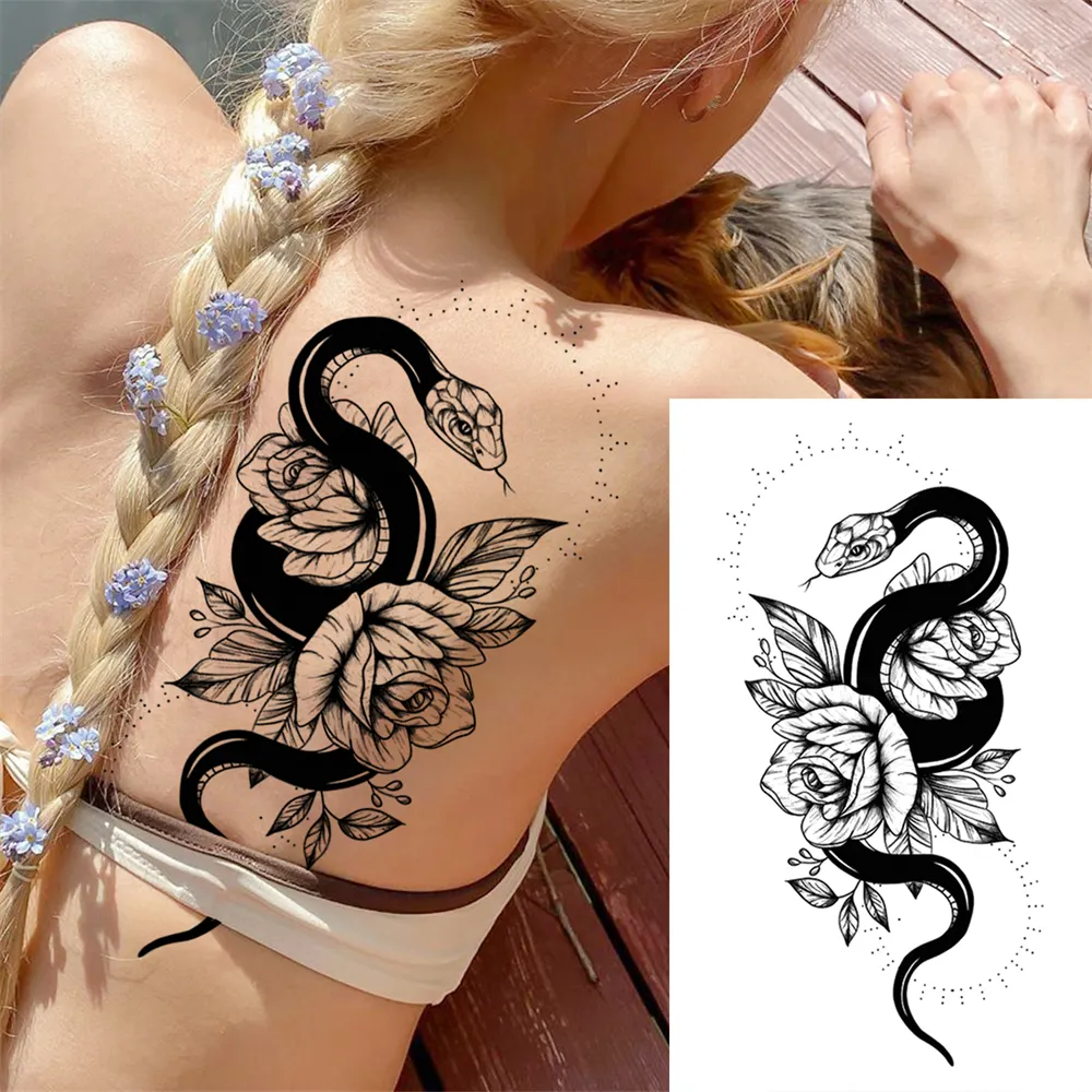 Sdrawing Clock Temporary Tattoo For Men Women Children Skeleton King Dragon Hourglass Black Tattoo Sticker Fake Snake Adults Tatoos