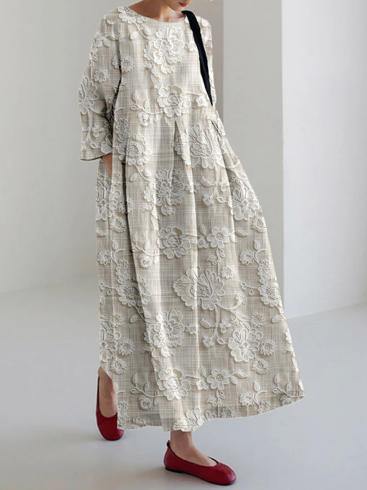 Floral Lace Embroidered Linen Blend Maxi Dress artswardrobe