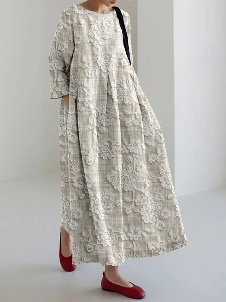 Floral Lace Embroidered Linen Blend Maxi Dress
