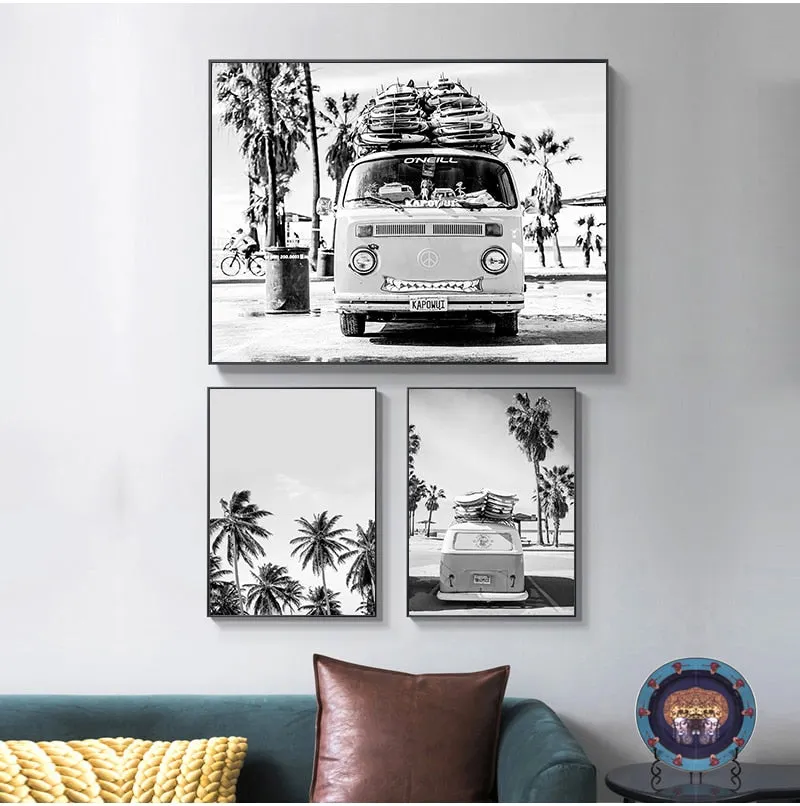 Camper Van Beach Surf Print Palm Tree Art Canvas Painting Black and White Photography Ocean Poster Boho Decor for Living Room