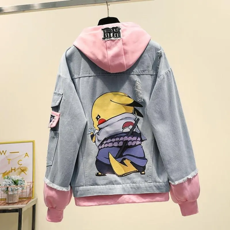 Fake Two-piece Hooded Denim Jacket Women Korean Loose Wild 2021 Autumn Winter New Chaqueta Mujer Hole Patch