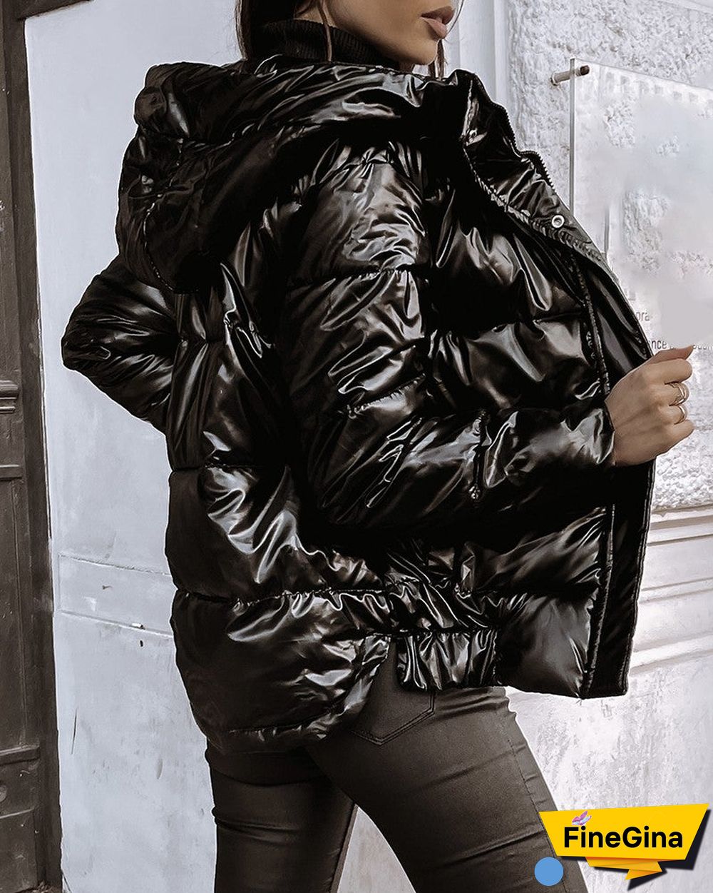 Zipper Front Long Sleeve Hooded Puffer Coat